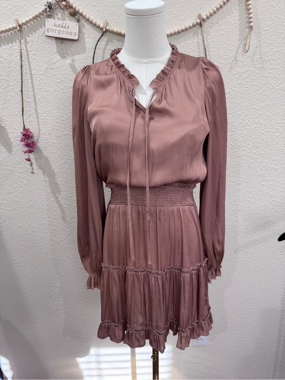 Women's Dusty Rose Long-Sleeve Ruffle Tiered Dress